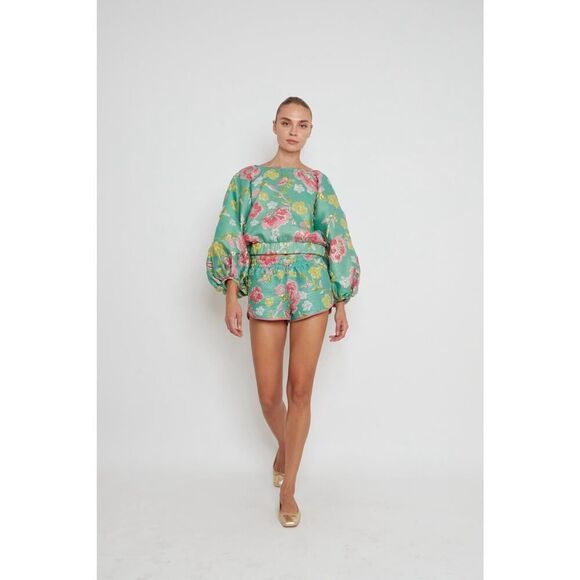 Arianne Elmy Green Good Luck Floral Embroidered Puff Sleeve Top Size S - Picture 3 of 15